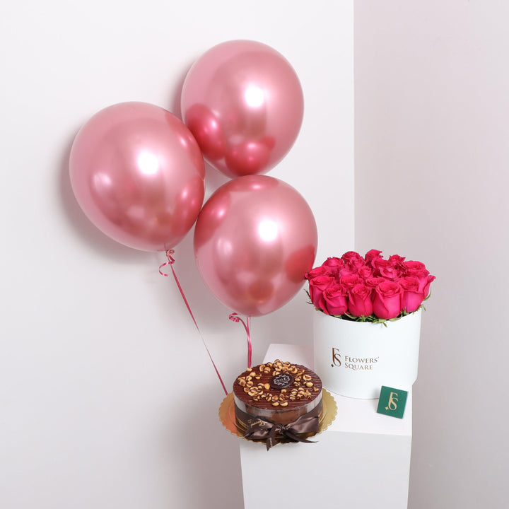 Fuchsia Rose Box, Cake and Balloons Buy Online