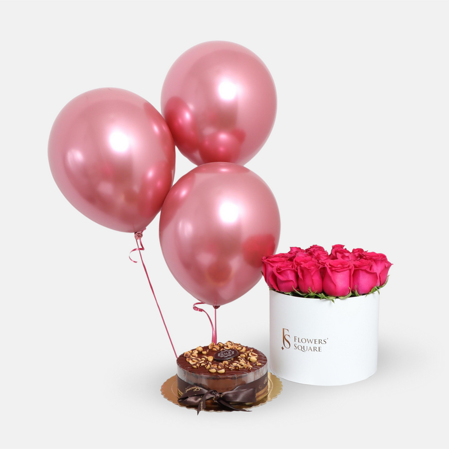 Fuchsia Rose Box, Cake and Balloons (35cmx30cm)