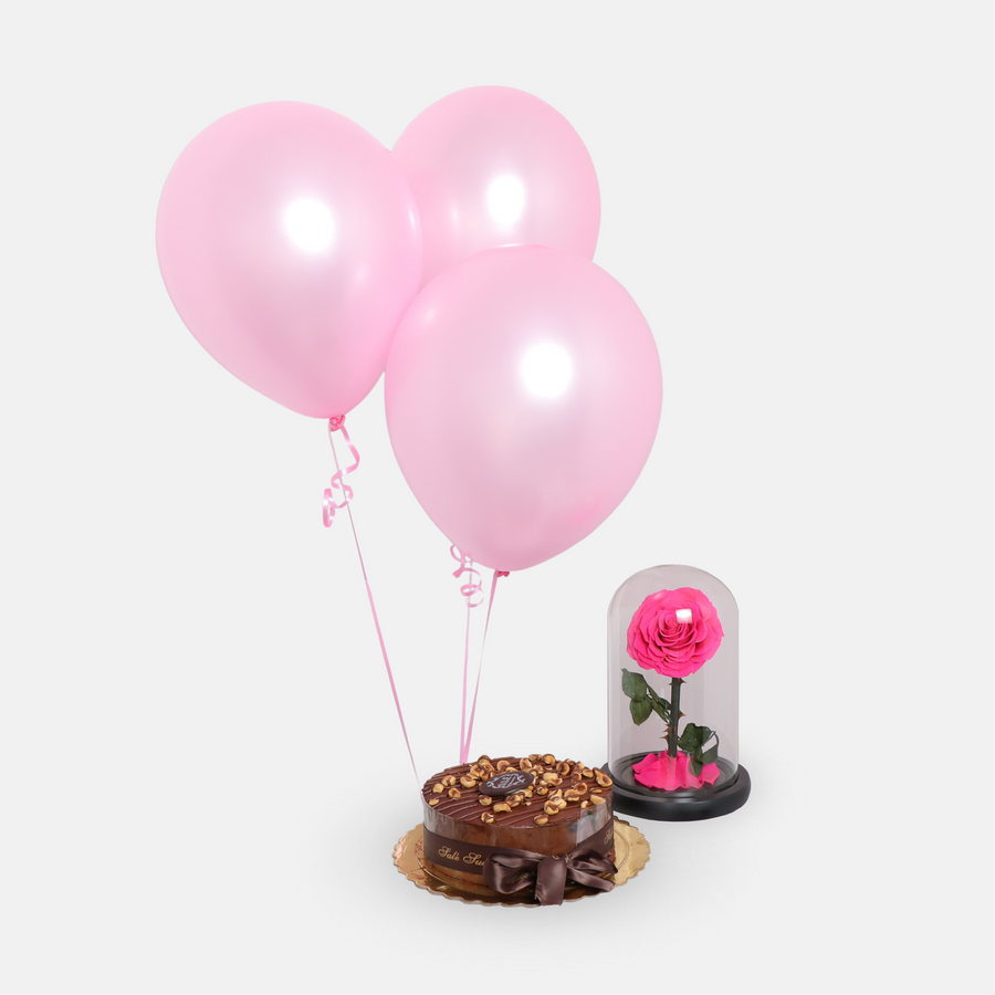 Pink Forever Rose, Cake and Balloons(25cmx20cm)