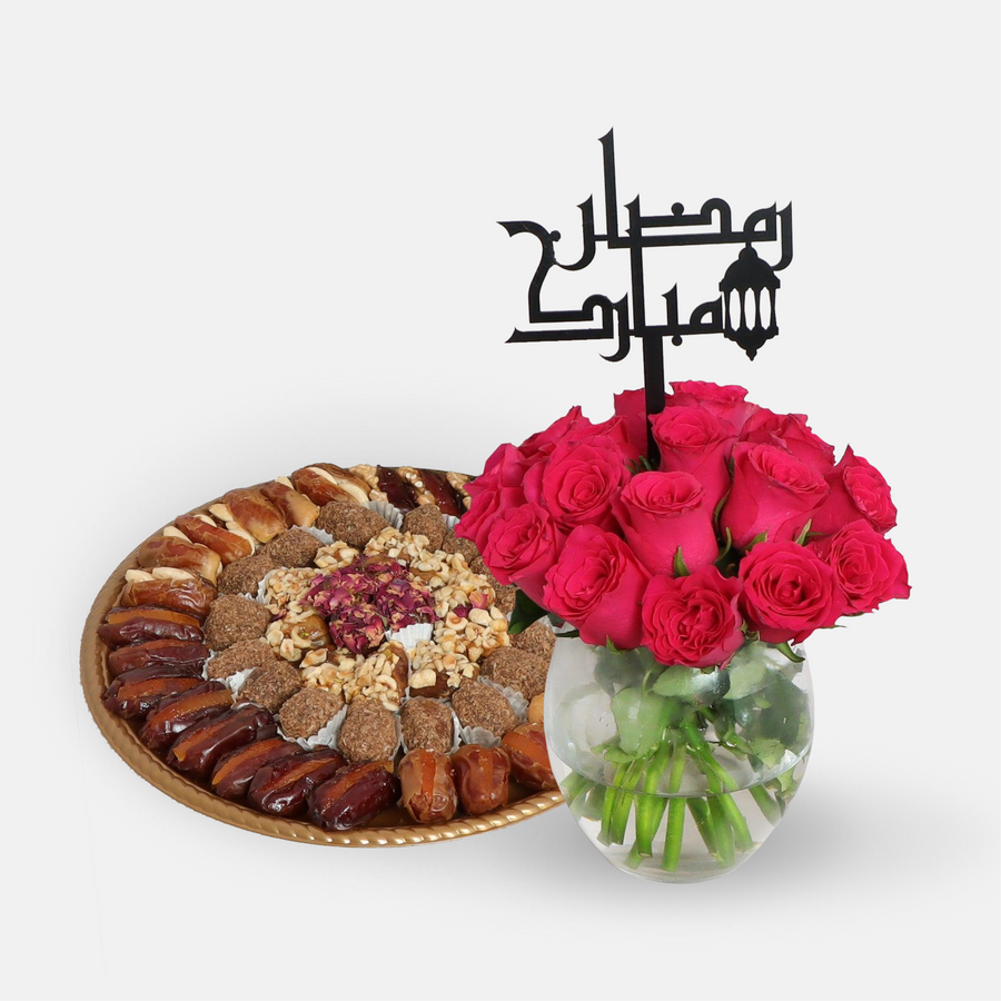 Pink Rose Vase and Dates Tray 1 Kg(35cmx25cm)