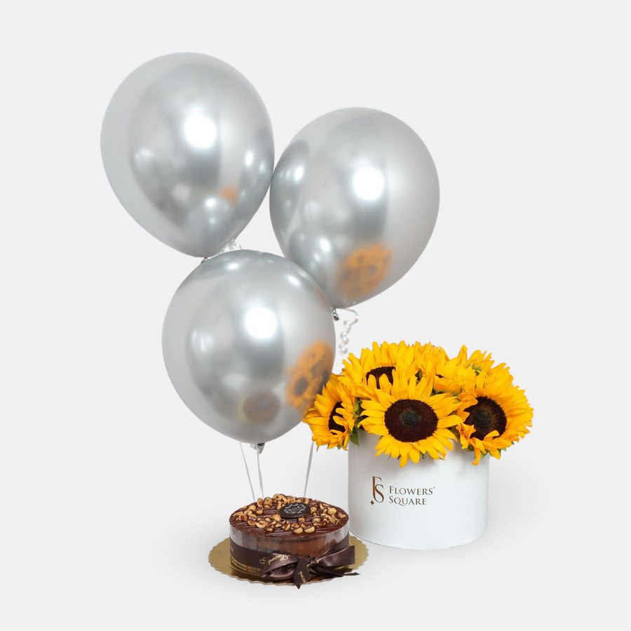 Sunflower Box, Cake and Balloons(35cmx30cm)