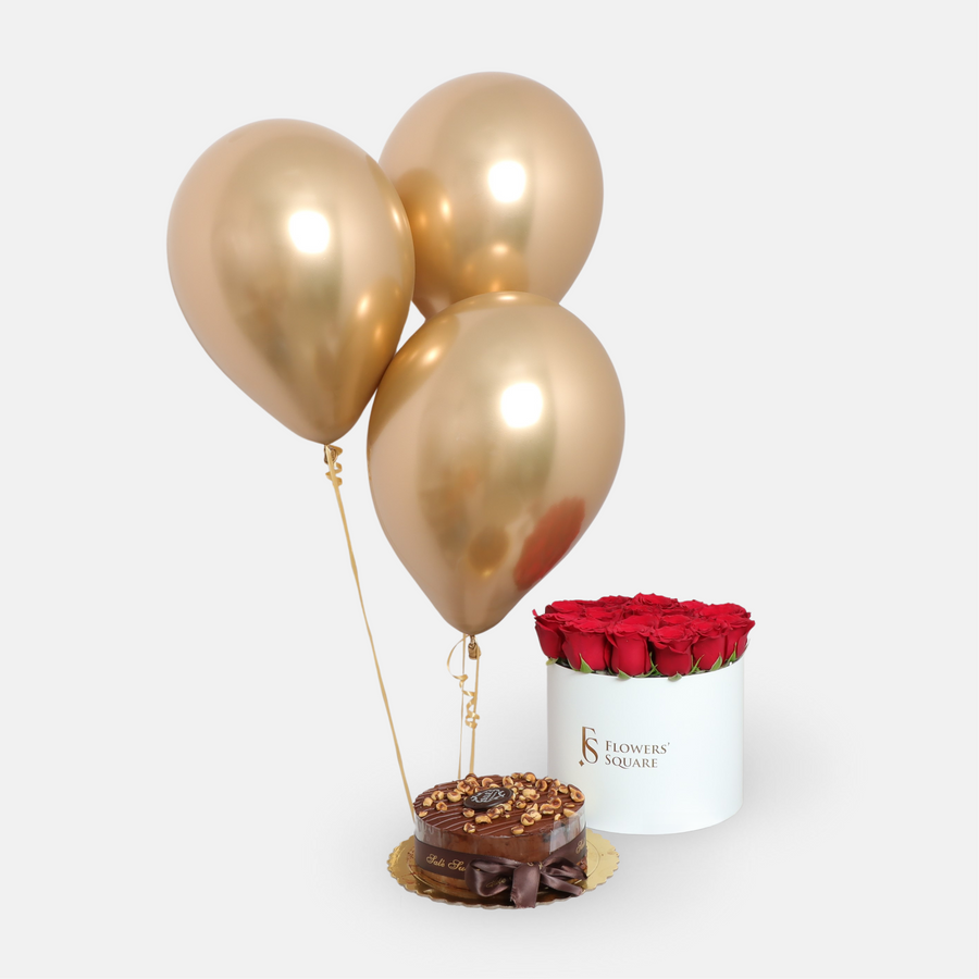 Red Rose Box, Cake and Balloons(35cmx30cm)
