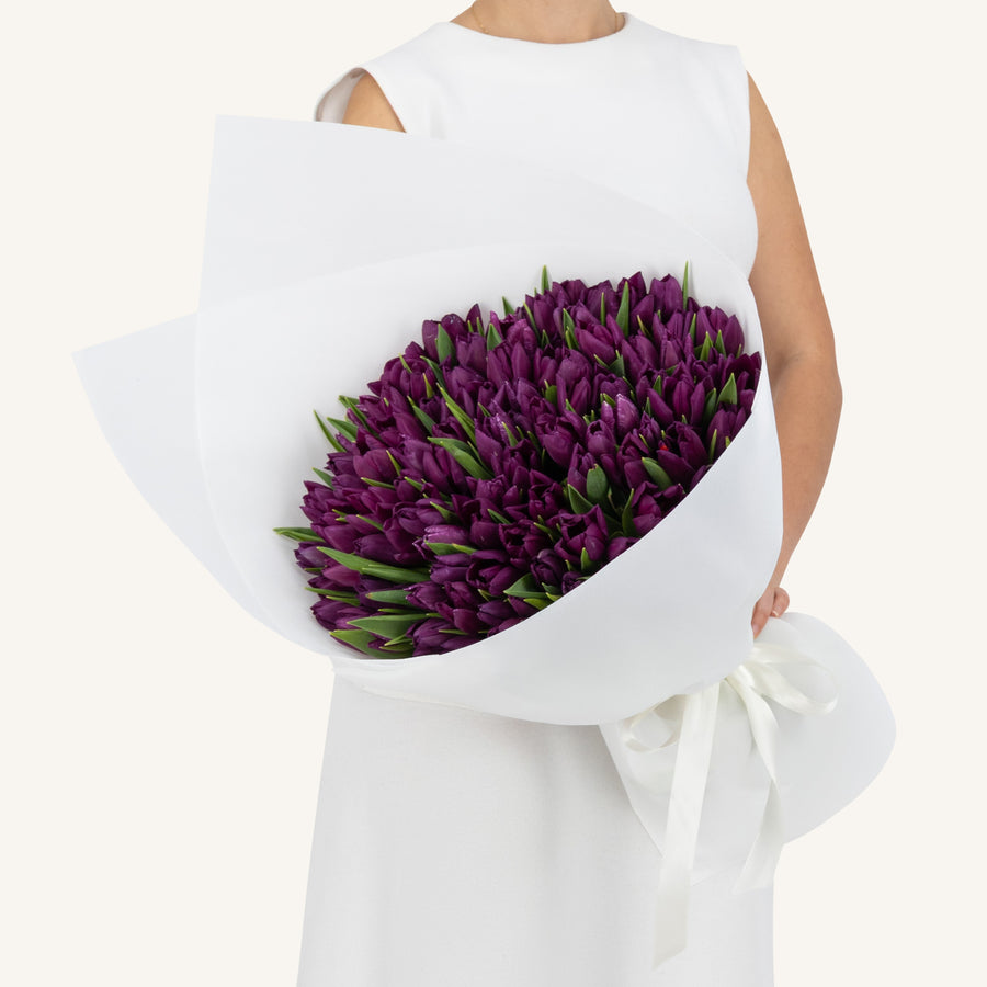 100 Purple Tulips Bouquet