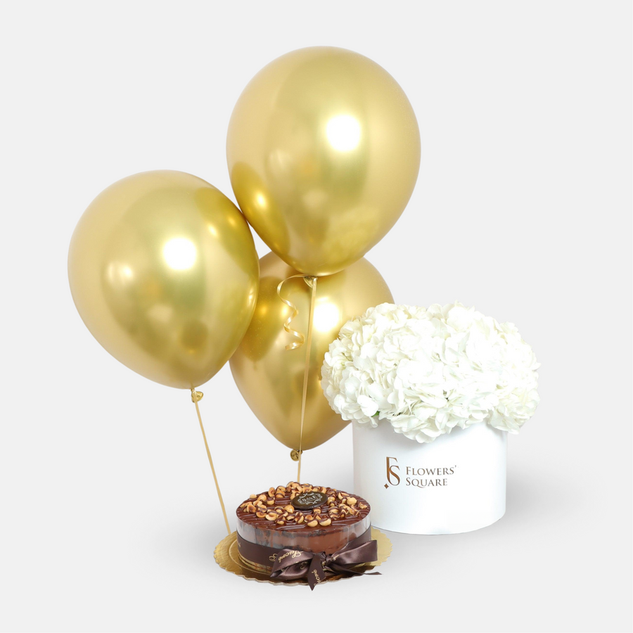 Hydrangea Box, Cake and Balloons (35cmx30cm)
