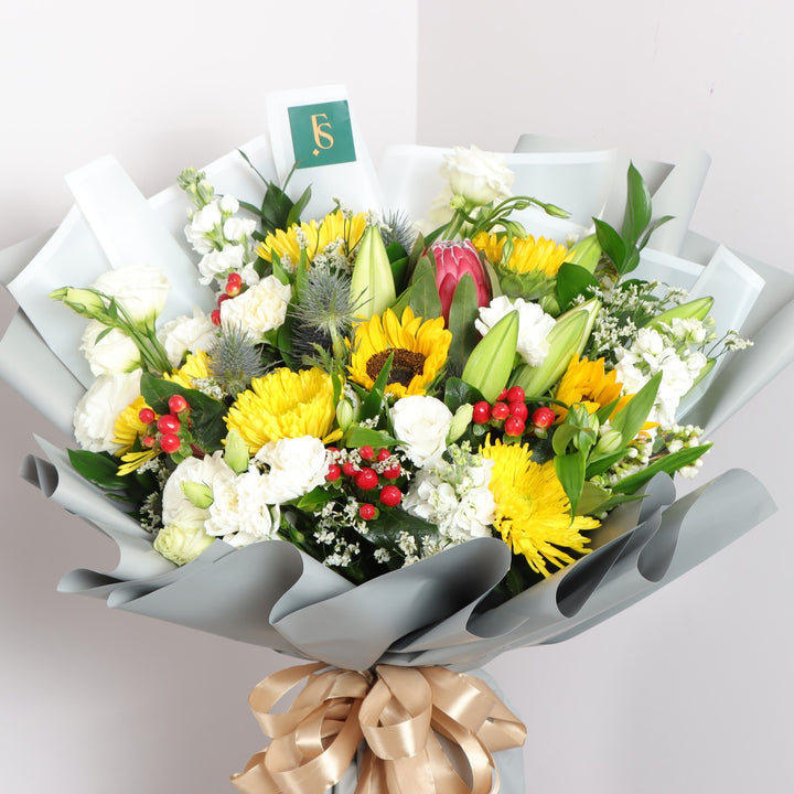 Buy Flower Box With Sunflowers, Lilies, Lisianthus, Chrysanthemums @ Flowers Square