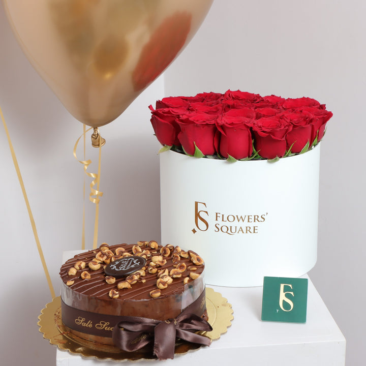 Red Rose Box, Cake and Balloons Buy Online