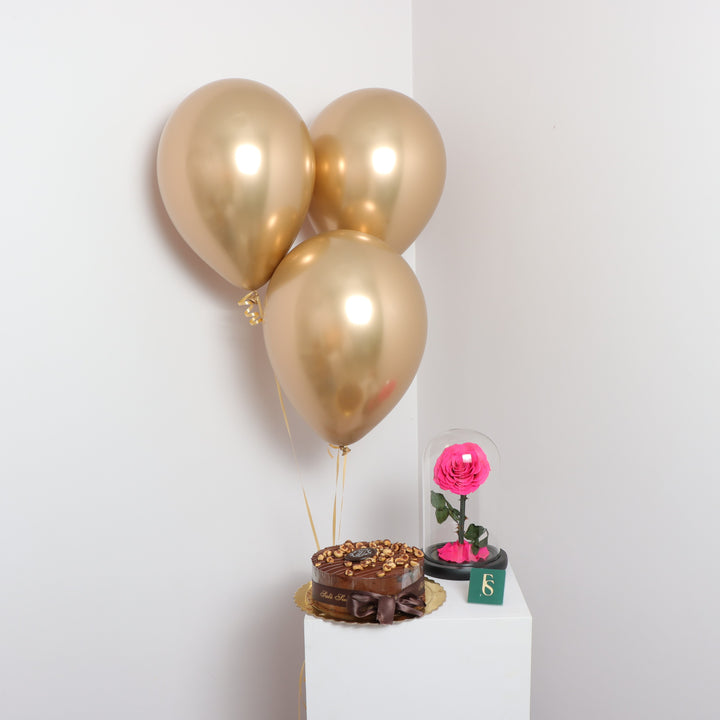 Pink forever rose with cake and balloons