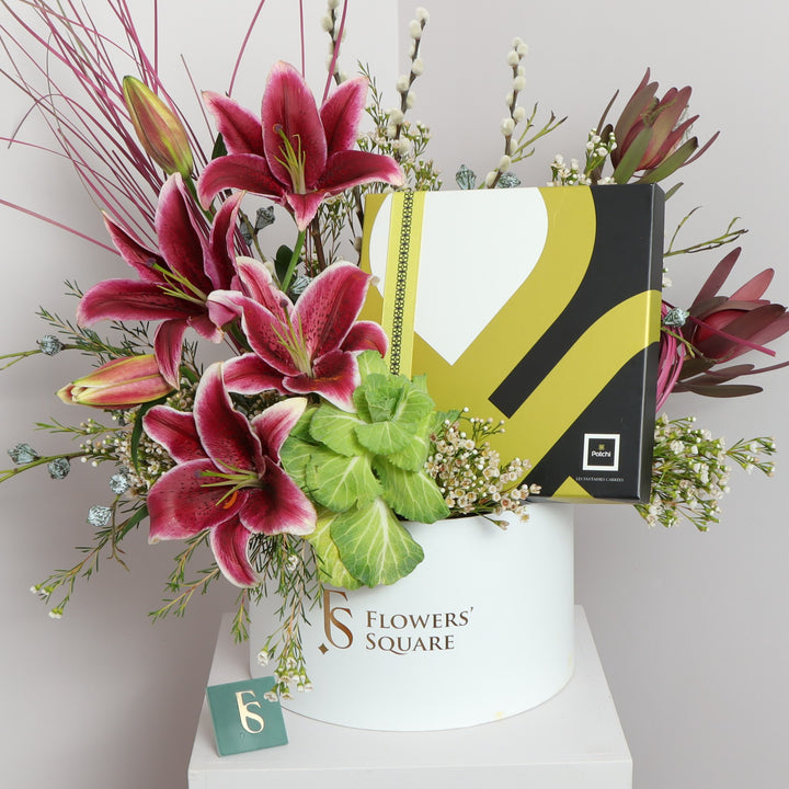 Lilies box gift with patchi in flowers square