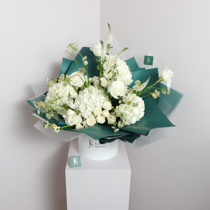 beautiful bouquet box with white flowers
