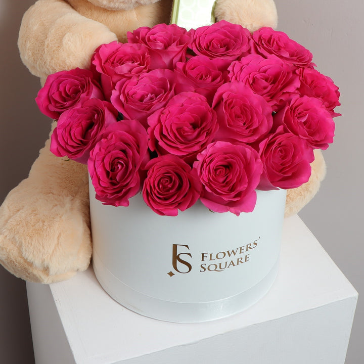 Bear Patchi Fuchsia Rose Box  for Valentines Day