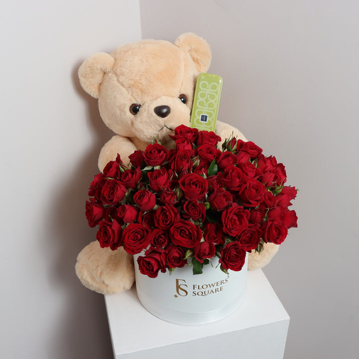 Red Roses Bouquet With Patchi & Teddy In Dubai
