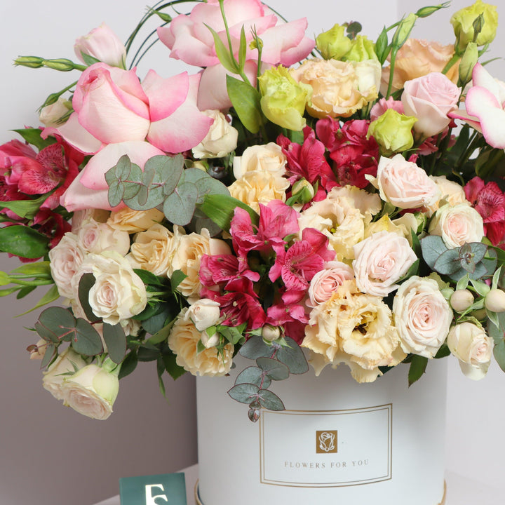 Flower Box with eucalyptus, spray roses 