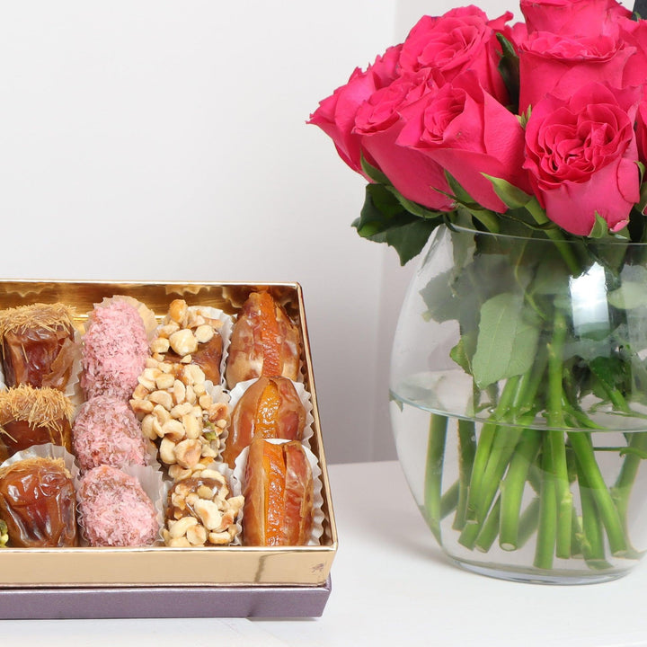 Pink Rose Vase and Mix Dates 0.5 Kg for Ramadan